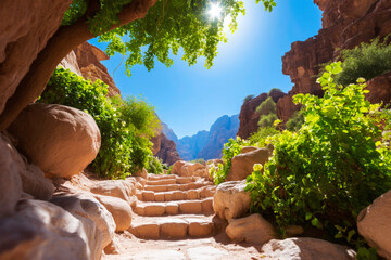 Stone steps descending into sunlit canyon adventurous hiking path