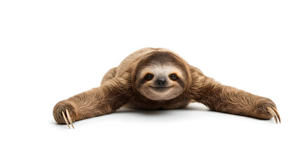 白背景で手足を大きく広げたナマケモノの正面ポーズ・ユーモラスで癒し効果抜群の個性的なアニマルキャラクター素材 -生成AI