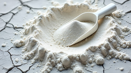 White powder scooped from cracked earth surface macro shot