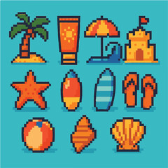 Beach icon, pixel art, eps 10 illustation