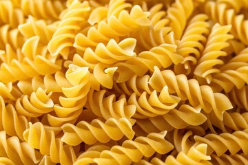 Golden fusilli pasta creates a textured culinary backdrop, perfect for showcasing Italian dishes and gastronomic delights with vibrant color.