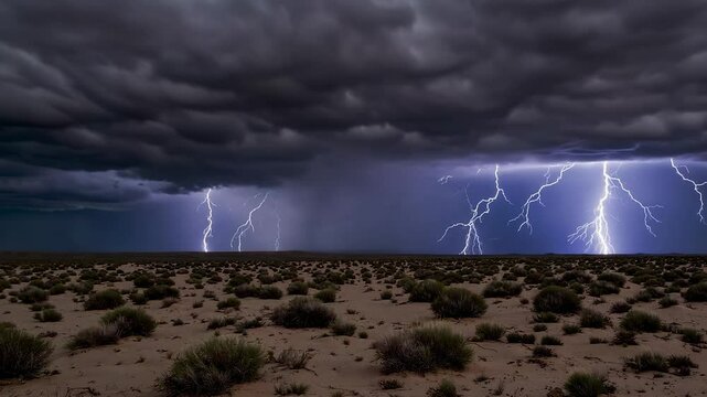 Dramatic lightning strikes illuminate a dark desert landscape under ominous storm clouds, showcasing the raw power of nature and the beauty of a thunderstorm in the wilderness