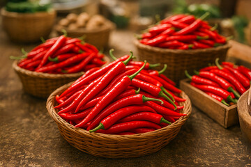 Spicy Red Chilies with Glossy Skin in Wicker Basket &ndash; Natural Light Food Photography