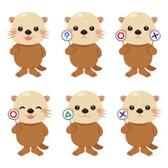○×△の札を持ったラッコのキャラクターイラストセット