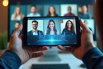 A person using a smartphone to join a holographic virtual business meeting with diverse professionals.