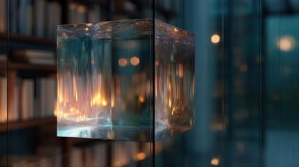 Cube-shaped object hanging from a glass shelf in a library or study. the cube appears to be made of transparent glass and has a metallic sheen.