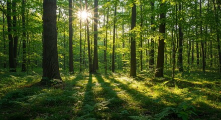 Obraz premium Sunlit Forest Scene: Lush Greenery and Tranquil Atmosphere