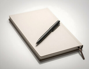 Minimalist notebook with a black pen on a clean white background, symbolizing creativity, planning, and productivity in a modern workspace.
