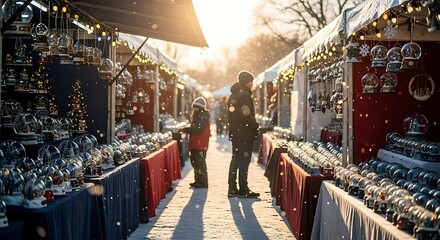 Fototapeta premium People browse festive ornaments and decorations at a winter market, enjoying the holiday season.