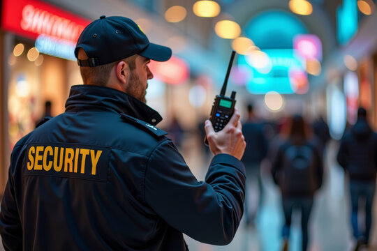 Security Guard Communicating on Walkie Talkie in Vibrant Shopping Mall Environment