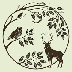 Obraz premium Illustration of an owl perched on a branch with a deer and leaves in a circular frame design