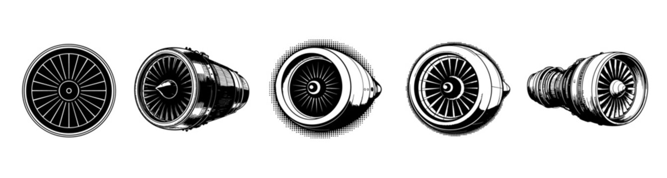 set of jet engine , engraving vector illustrations for aviation technology and aerospace engineering