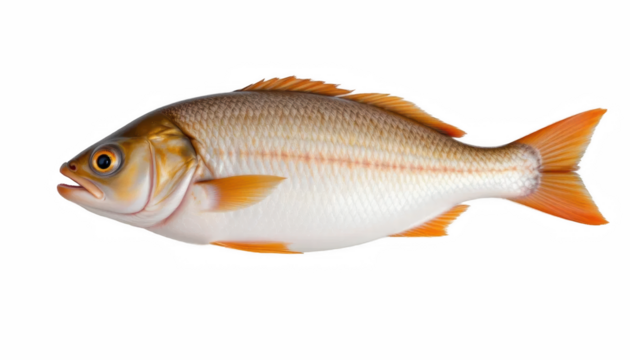 Vibrant fish with streamlined body, featuring orange and white scales, swimming gracefully. Its large eyes and distinct fins add to its beauty, showcasing wonders of aquatic life