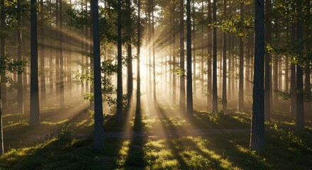 Obraz premium Sunbeams through Misty Forest at Sunrise