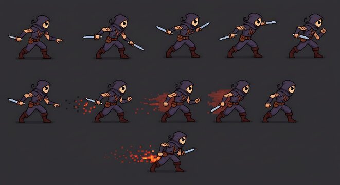 Game sprite sheet shows pixelated character animation with sword, designed for action and adventure video games.