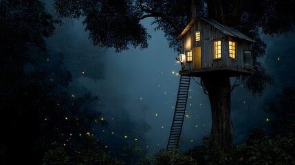 Fantasy treehouse the forest canopy at dusk with three glowing fireflies hovering near the ladder lantern lit windows and subtle magical lighting dreamlike storybook scenery
