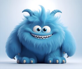 Cute blue furry monster 3D cartoon character