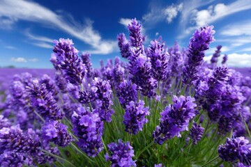 Obraz premium Purple lavender blooms under a bright blue sky with fluffy clouds in a tranquil field