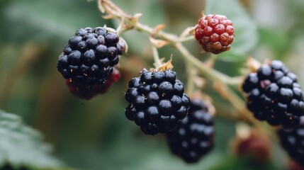 Close-up of a bunch of blackberries hanging from a bush. the berries are dark in color and appear to be ripe and ready to be picked.