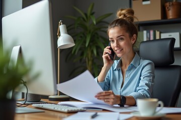 Multitasking Woman Typing on Computer while Balancing Phone Calls, Paperwork, and Coffee Sips