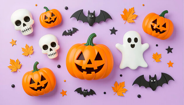 soft lilac paper space, flat lay composition, with 3D catoon three pumpkins, skull, ghost and bat, net spooky elements for scary night decoration, copy space