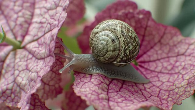 Snail on a vibrant pink leaf