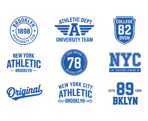 New York, Brooklyn typography, badges set for t-shirt print. Varsity style t-shirt graphics — Vector