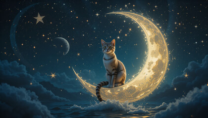 Dreamy night scene featuring a cute tabby cat sitting comfortably on a glowing crescent moon with twinkling stars around.
