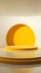 Minimalist yellow stage with circular arch and tiered platforms