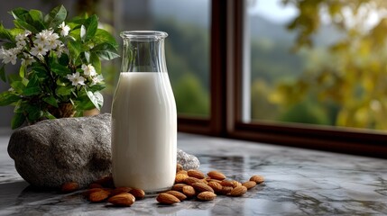 Sleek modern kitchen with almond milk in glass bottle and stones