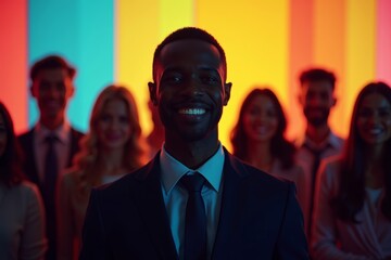 Silhouette of Diverse Business Team with Smiling Black African Man in Focus