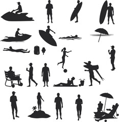 Diverse summer beach activities vector silhouettes: jet skiing, surfing, swimming, sunbathing, volleyball, and relaxation – a comprehensive set for holiday, sports, and coastal leisure designs.