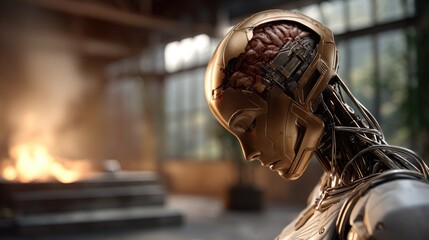 Golden robot with exposed brain