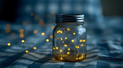 Fireflies captured inside transparent glass jar placed a picnic blanket soft glowing lights contrasting with white background nostalgic childhood memory concept close up tabletop view