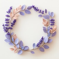Lavender stems arranged in a decorative wreath frame, isolate on white background.