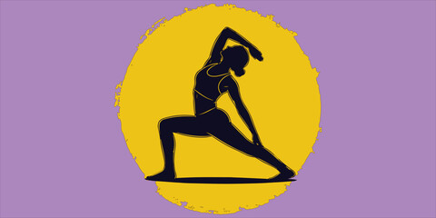 Silhouette of a woman in a yoga warrior pose against a yellow abstract oval on a purple background. Keywords: yoga, silhouette, fitness, wellness, pose.