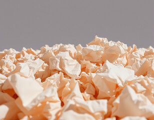 Close-up of scattered crumpled paper pieces in soft peach and white tones against a neutral gray background