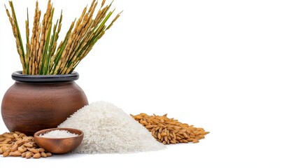 White Rice Grains Paddy Rice Stalks in Rustic Brown Pot on White Background