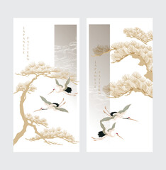 Japanese background with hand drawn bonsai tree and wave decorations in vintage style. Crane birds with blue and gold watercolor texture card design