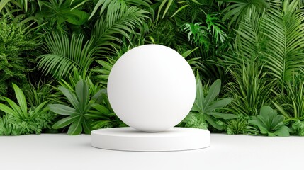 White Sphere Product Display on Platform Against Lush Green Tropical Leaves