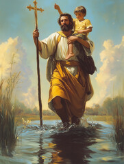 St. Christopher Carrying a Child Across the Water with Faithful Devotion