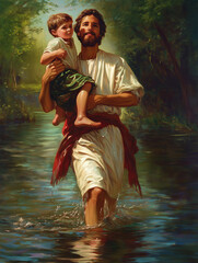 Saint Carrying Child Across River Amid Lush Greenery