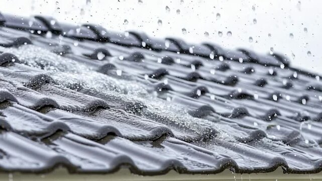 Rain falling on a dark corrugated roof