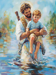 St. Christopher Carrying a Child Through a Serene River Scene
