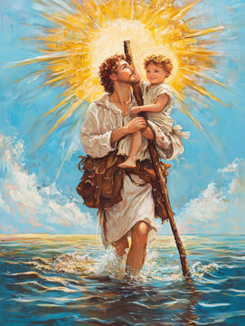 St. Christopher Carrying a Child Through Water Under Radiant Sunlight