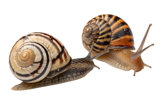 Two garden snails with distinct shells on a transparent background. One has a spiral shell with brown and white stripes, while the other features a striped orange and black pattern.