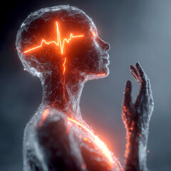Human figure with glowing neural network and heartbeat line