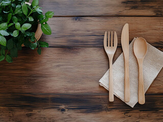 Wooden Kitchen Utensils on Wooden Table with Green Plant Decor