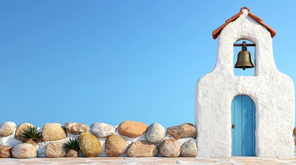 Whitewashed Bell Tower and Stone Wall under a Bright Blue Sky