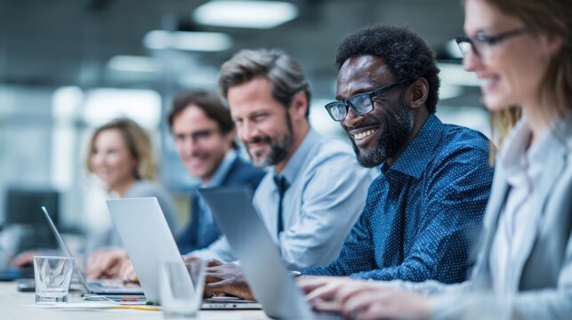A diverse group of professionals collaborating around laptops showcasing teamwork in implementing innovative strategies for user data safety and encryption techniques against cyber